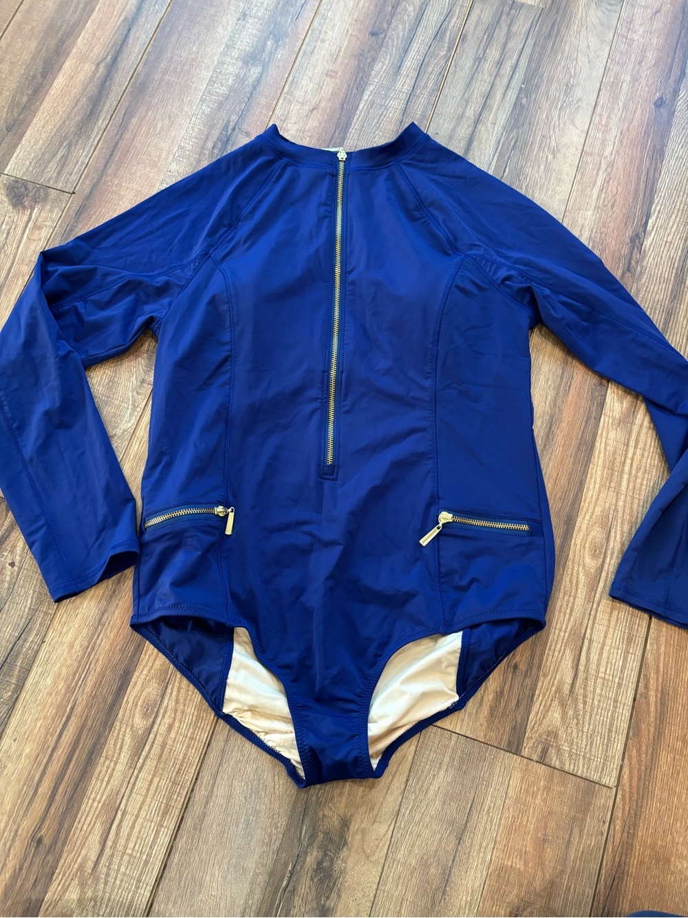 Cabana Life Long Sleeve One-Piece Swimsuit XL Navy Zip Front Rash Guard Swimwear - Picture 2 of 6